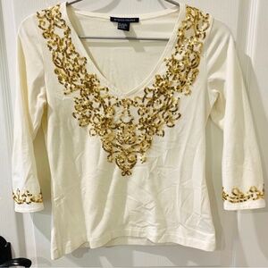 Boston Proper White and Gold Sequin V-neck Detailed Top